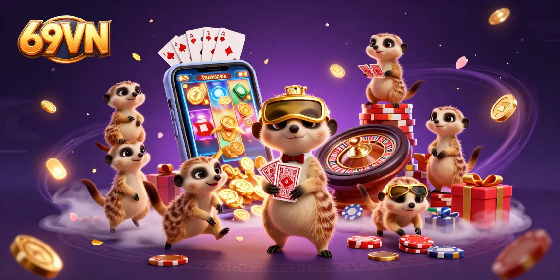 Engage in thrilling experiences at 69VN's animated casino scene with meerkats and vibrant games.