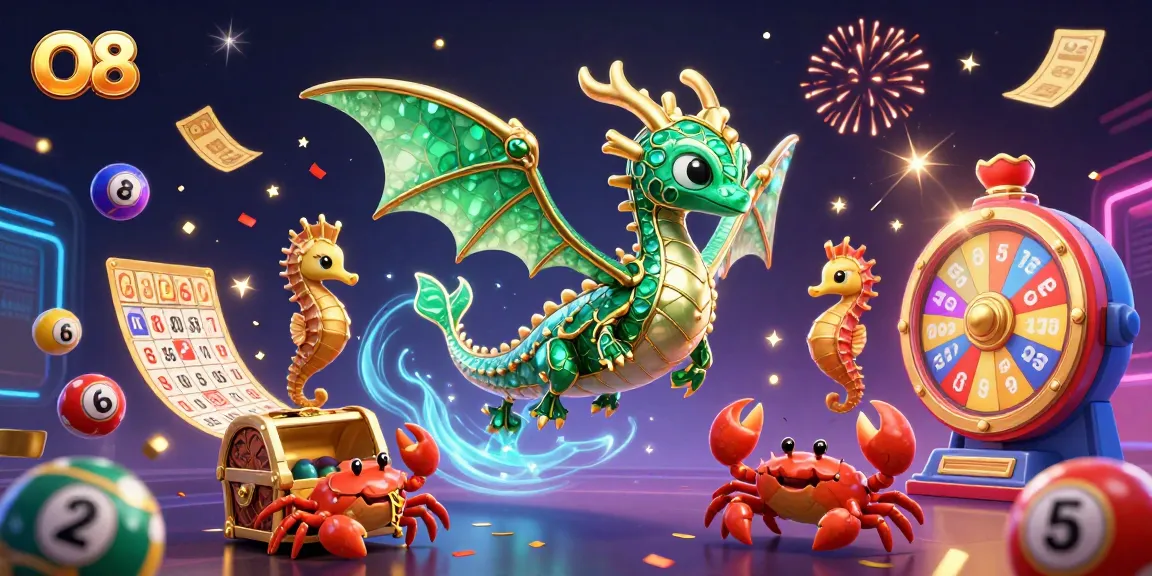 Experience thrilling gameplay at O8, with vibrant lottery elements and animated characters in a winning atmosphere.
