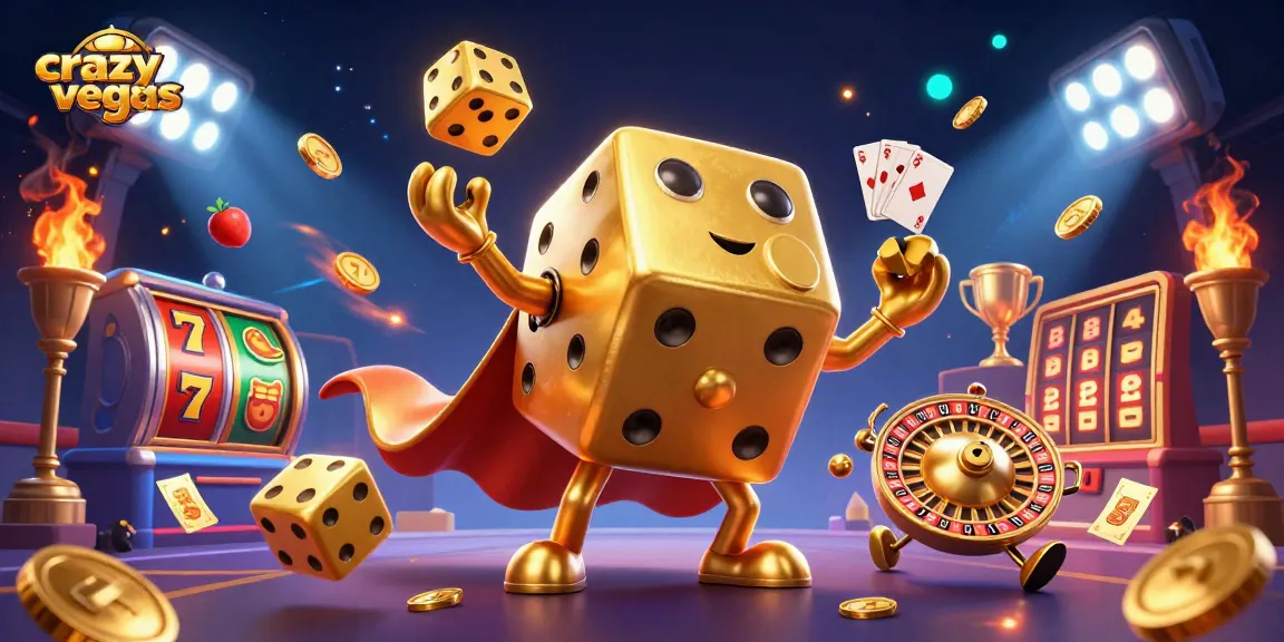 Engage with crazyvegas as golden dice juggle winning slots amidst a vibrant casino scene.