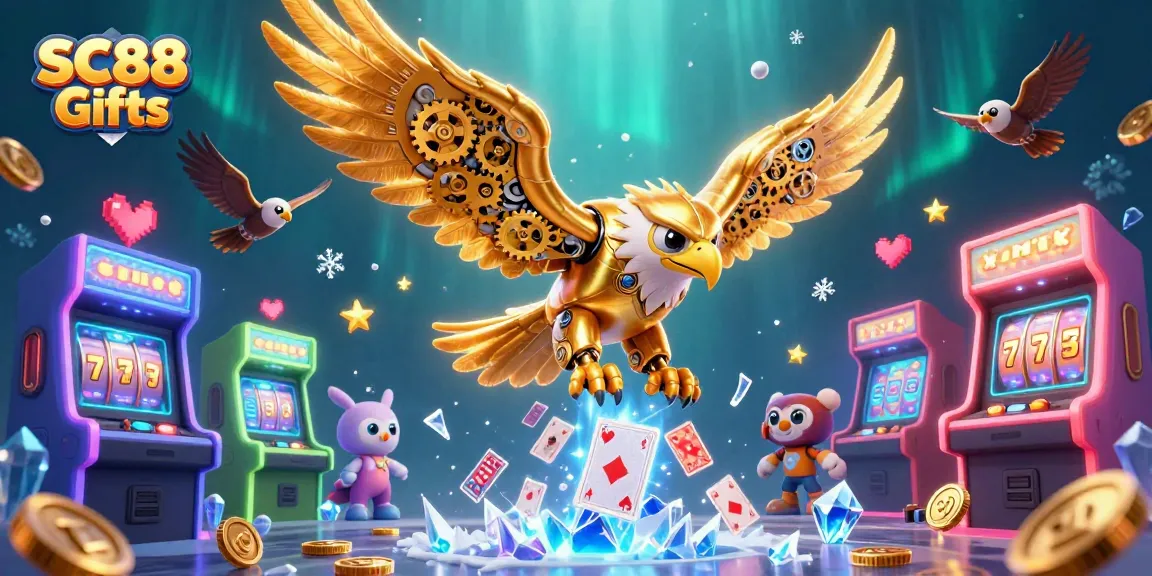 Experience SC88 Gifts with a cybernetic eagle soaring through holographic casino elements in vibrant 3D.