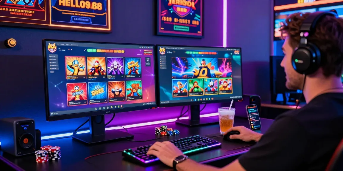 Exciting gameplay at Hello88 with gamer immersed in vibrant online casino experience featuring colorful visuals and gaming gear.