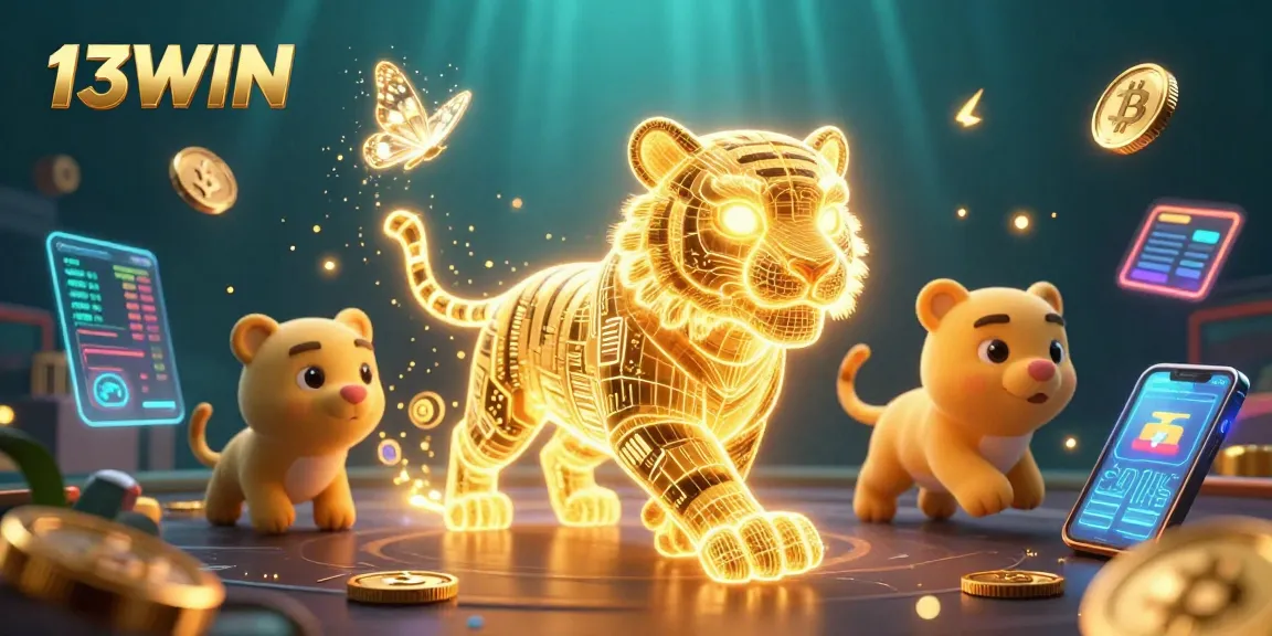 Win big with 13WIN's vibrant 3D casino illustration showcasing digital gaming elements.