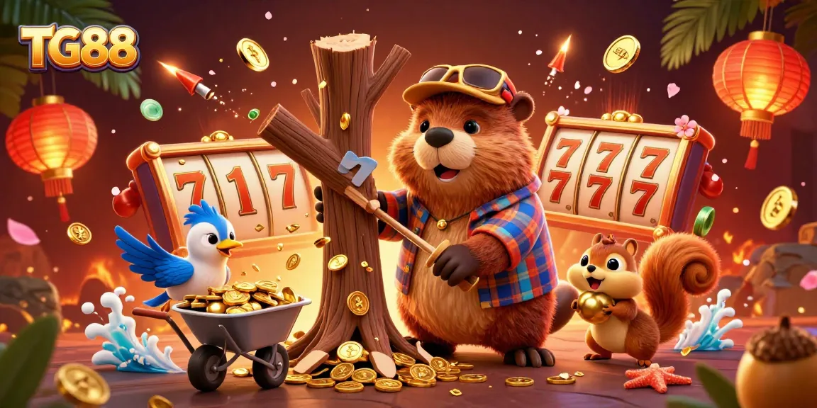 Engage with TG88’s vibrant world of online gambling with a magical scene of a beaver under gold coin rain.