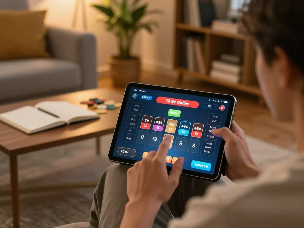 Tài Xỉu Online gameplay in a cozy home environment, emphasizing responsible gambling strategies.