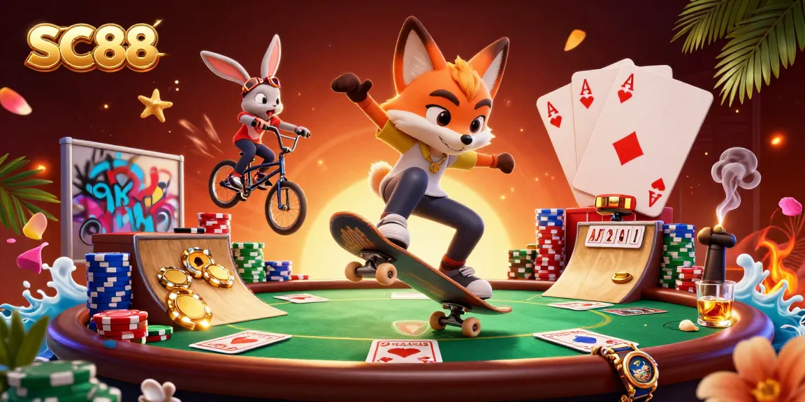 Engage with SC88's thrilling casino adventure featuring colorful poker chips and animated characters.