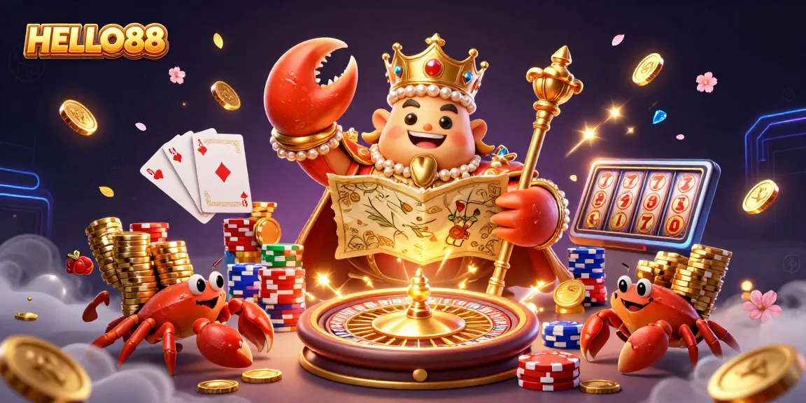 Experience the thrill of HELLO88 with a golden crab emperor and treasure-filled gaming scene