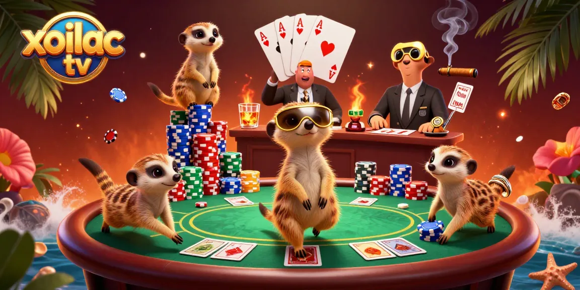 Experience the thrill of betting with xoilac tv in this vibrant casino scene featuring meerkats as dealers.