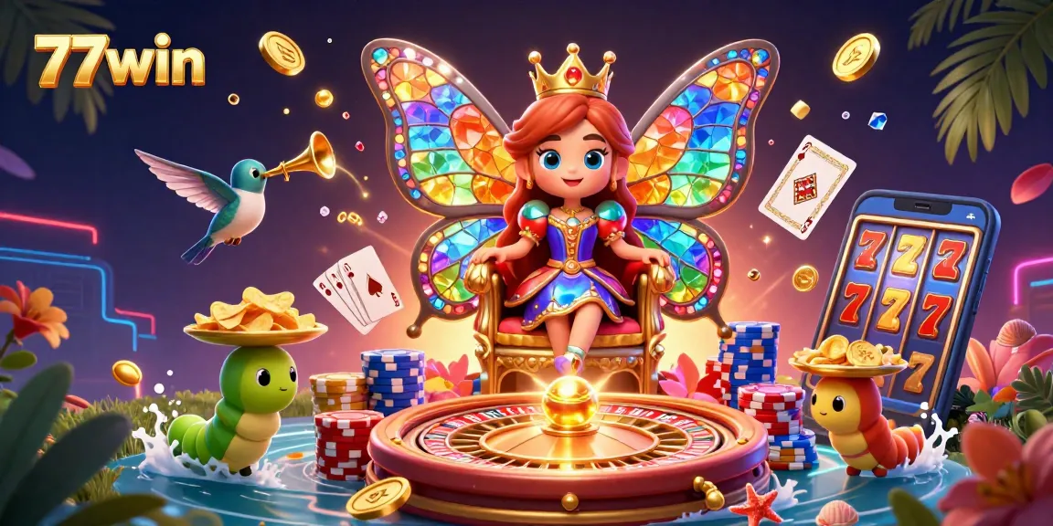 Experience the vibrant world of 77win, where a butterfly queen oversees a casino scene filled with splendor and excitement.