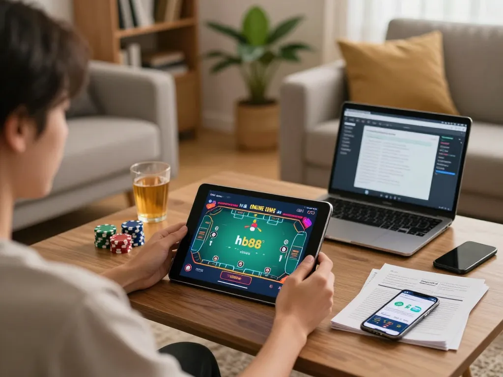 Player using hb88 app for online poker in a cozy home setting with warm lighting.