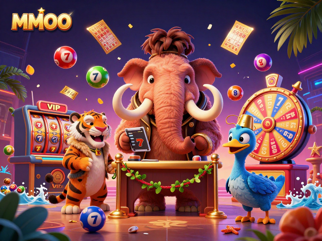 Experience MMOO with a vibrant scene of animated casino characters and dynamic elements filled with excitement.