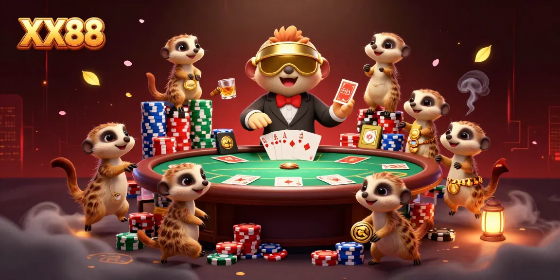 Experience the excitement at XX88 Casino with unique meerkat characters managing vibrant gaming action.
