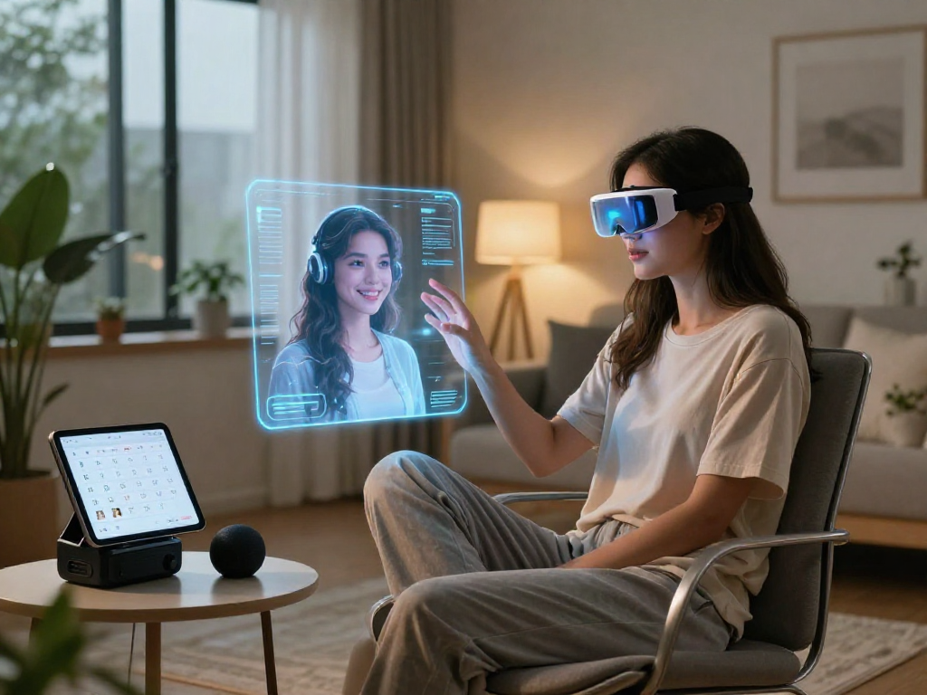 Young woman interacting with AI girlfriend in a cozy, futuristic living room enhancing life with technology.