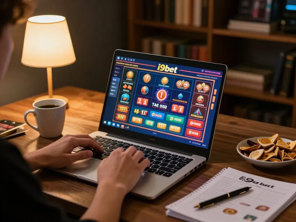 Person gaming on i9bet laptop with strategy notes and cozy atmosphere.