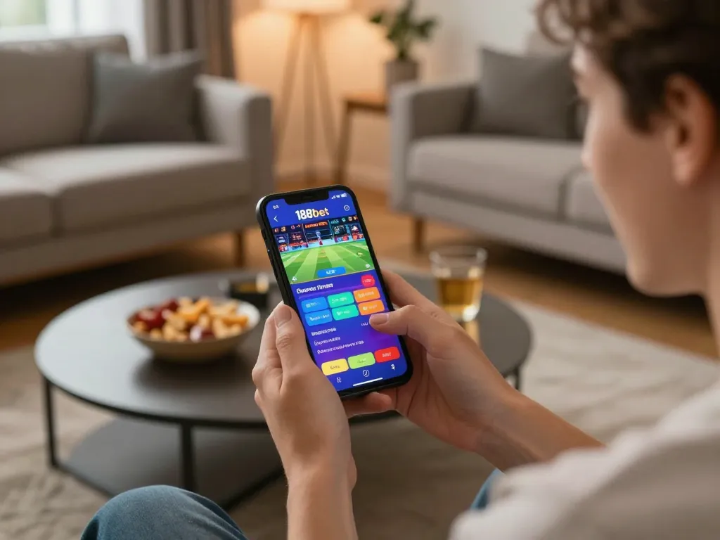 Person excitedly using the 188bet app for sports betting, showcasing vibrant interface in engaging home setting.