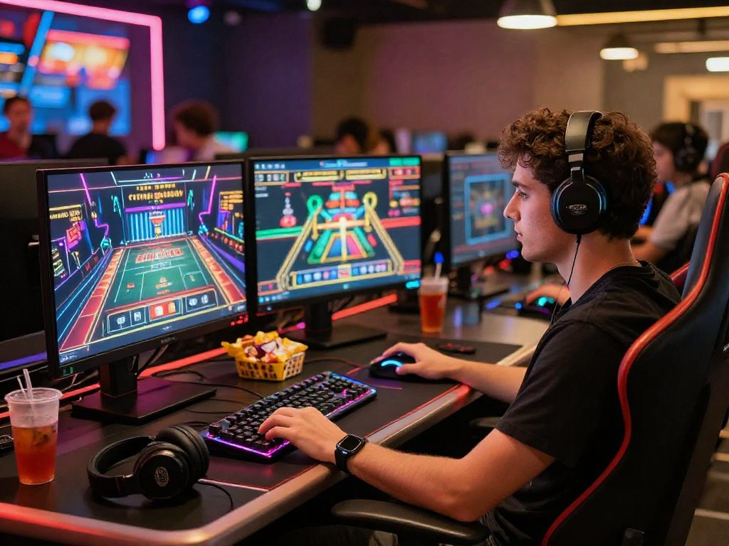 KOMBET168 gaming scene with player engaged in online casino games at a stylish desk.