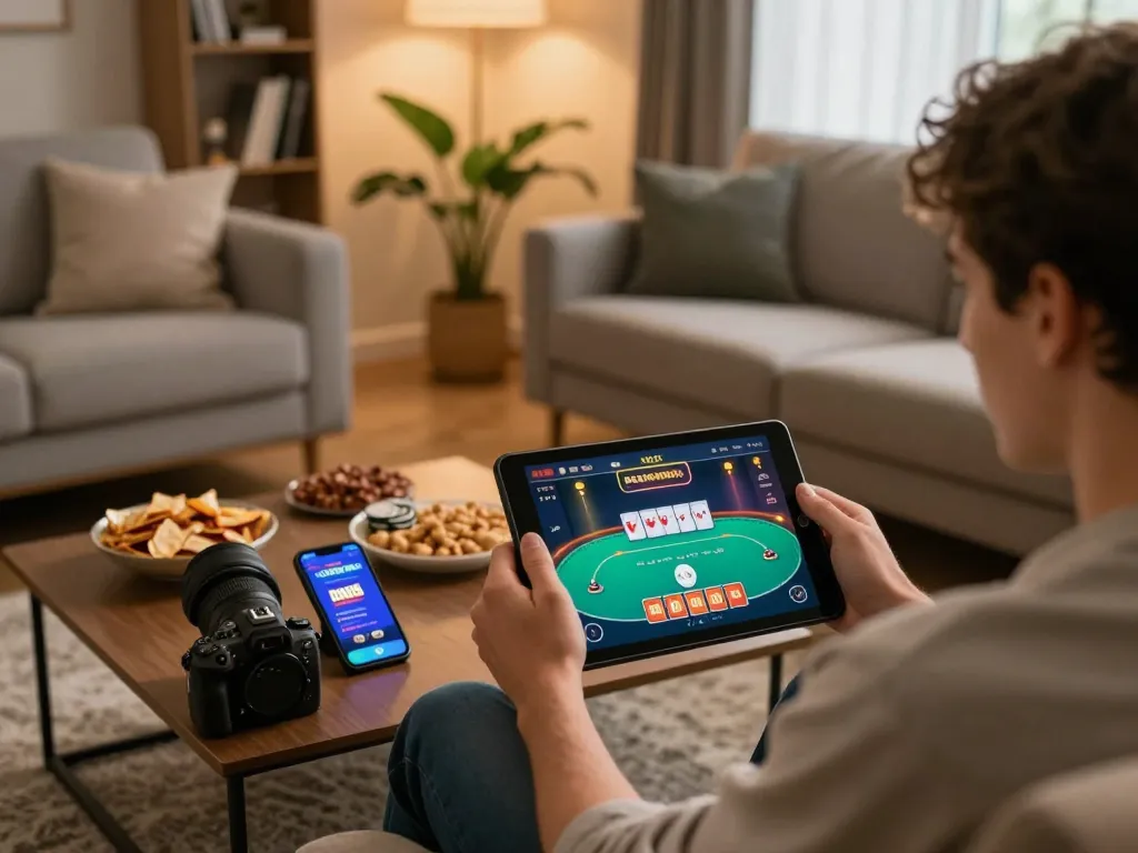 Engaging gameplay at DN88 mobile casino app on tablet with cozy home atmosphere