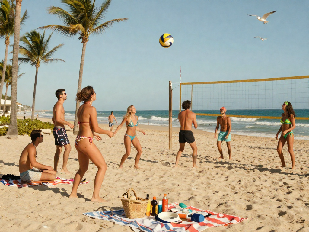 Group enjoying BIKINISLOT beach fun with colorful swimwear, vibrant ocean.