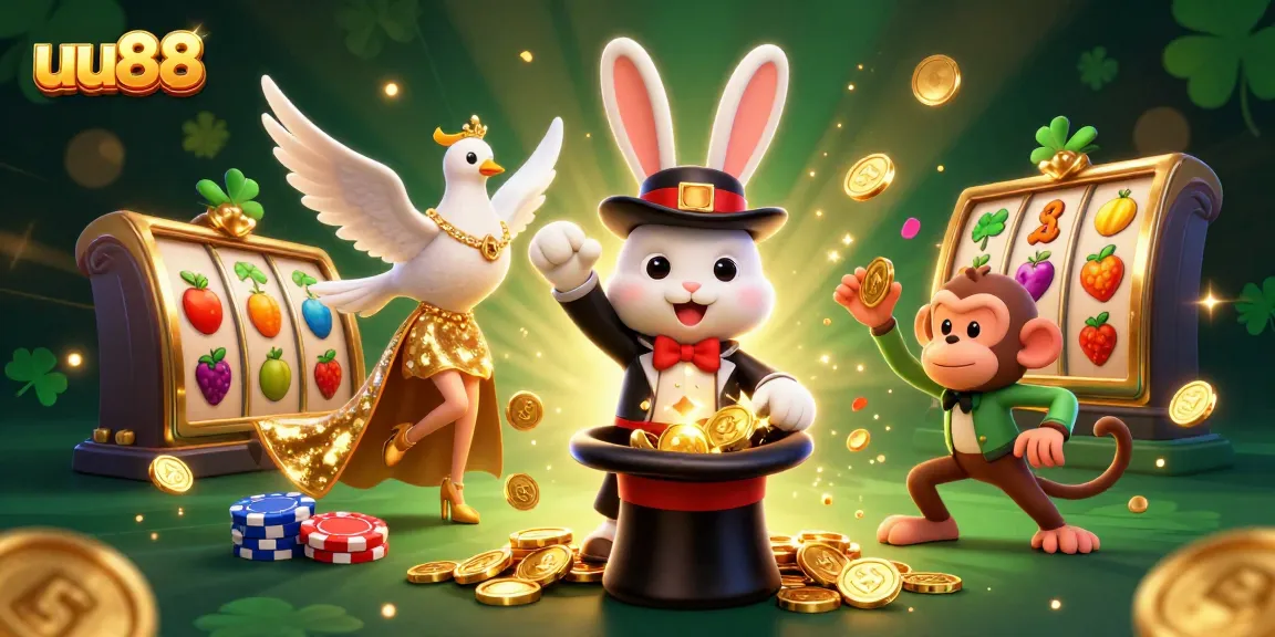 uu88 captures the excitement of winning with a magician rabbit, glamorous dove, and monkey amidst slot reels and coins.