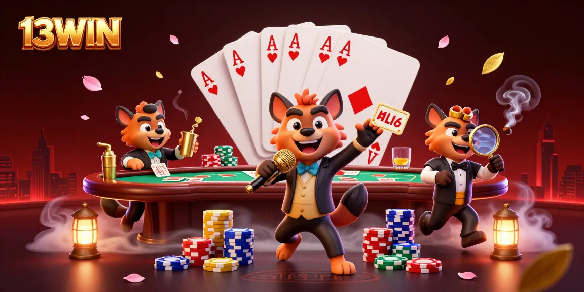 Experience the thrill of 13WIN with lively hyenas engaging in a comedic casino atmosphere.