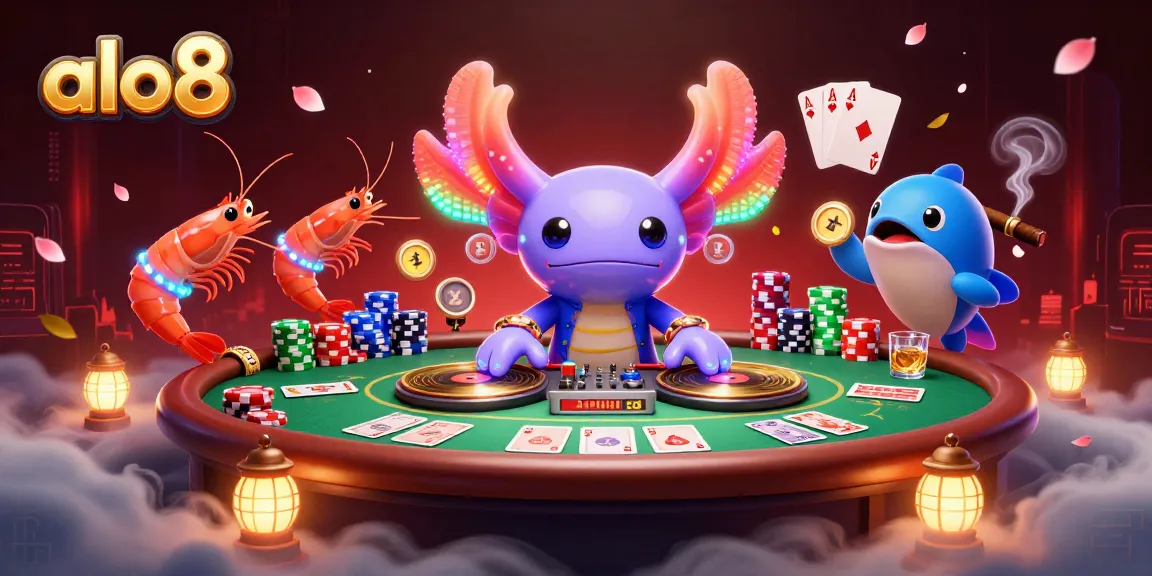 Alo8's thrilling gaming environment features an axolotl DJ spinning winnings at a vibrant poker scene.