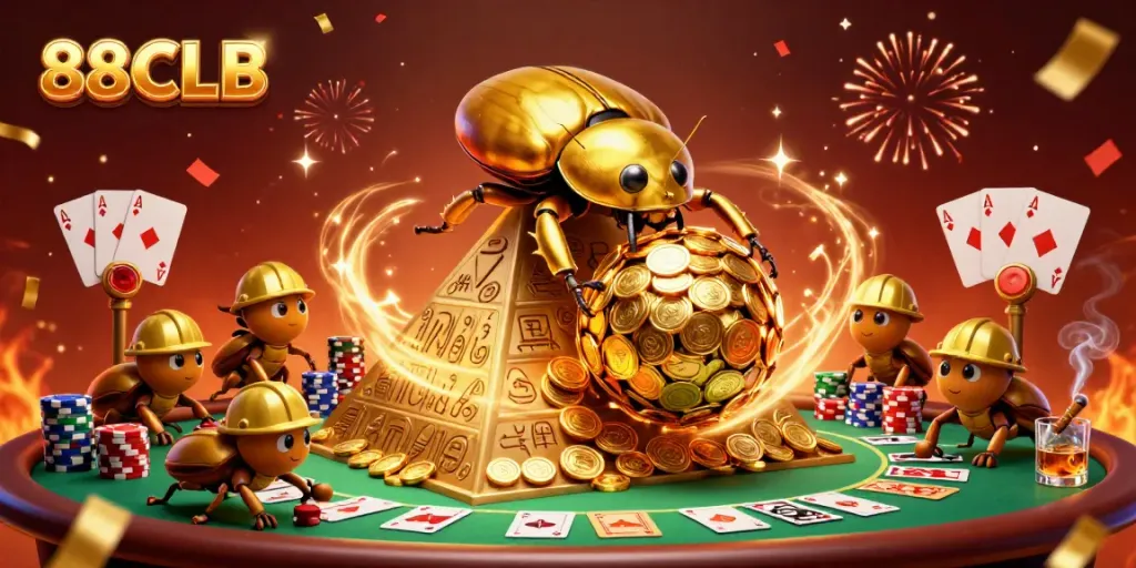 Engage in thrilling games at 88CLB casino, featuring a vibrant illustration of gold and poker elements.