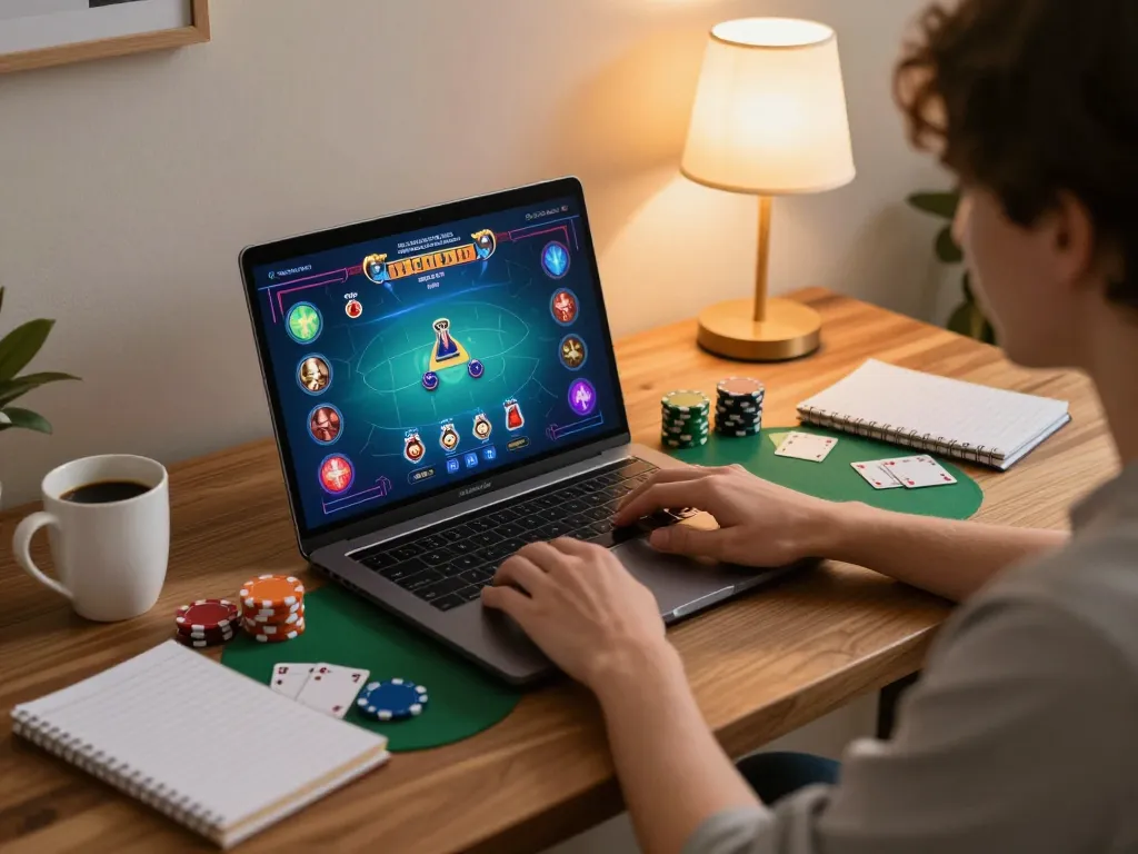 Player engaging in online poker gaming while analyzing strategy notes at home with gen-e.