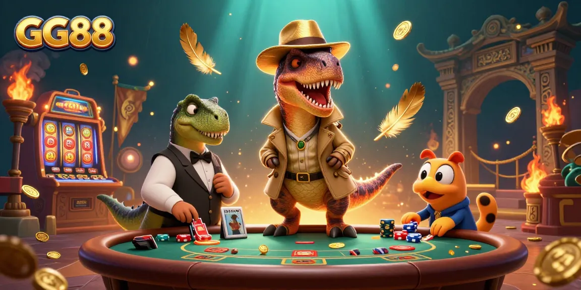 Experience the vibrant thrill of GG88's casino games featuring an animated velociraptor card counter.