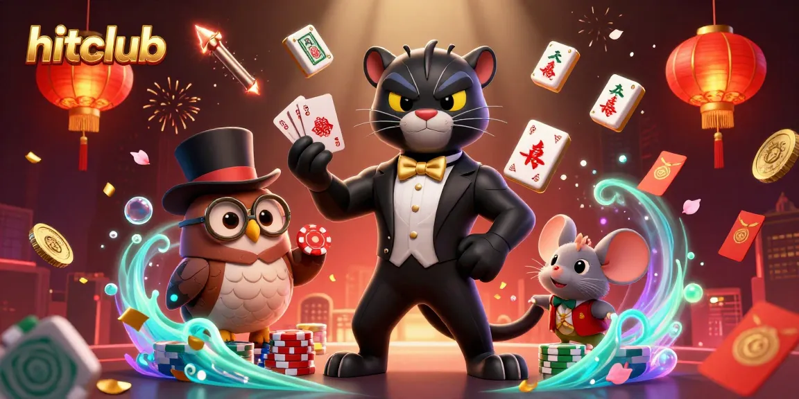 Experience excitement with hitclub in a vibrant 3D gambling scene featuring a tuxedo-wearing panther and friends.