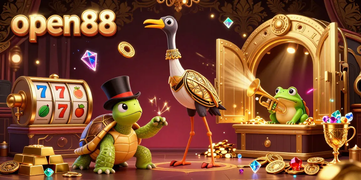 Experience the thrill of open88 with vibrant slots and animated casino characters in a lively scene.
