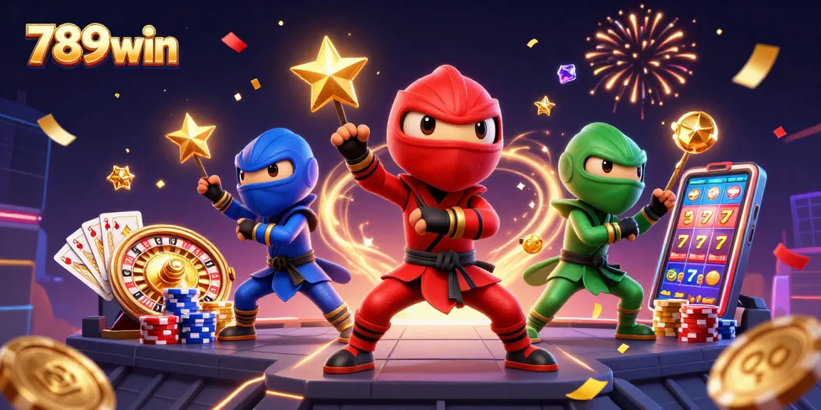 Experience thrilling gameplay with 789win, as chameleon ninjas celebrate winnings in a vibrant casino.