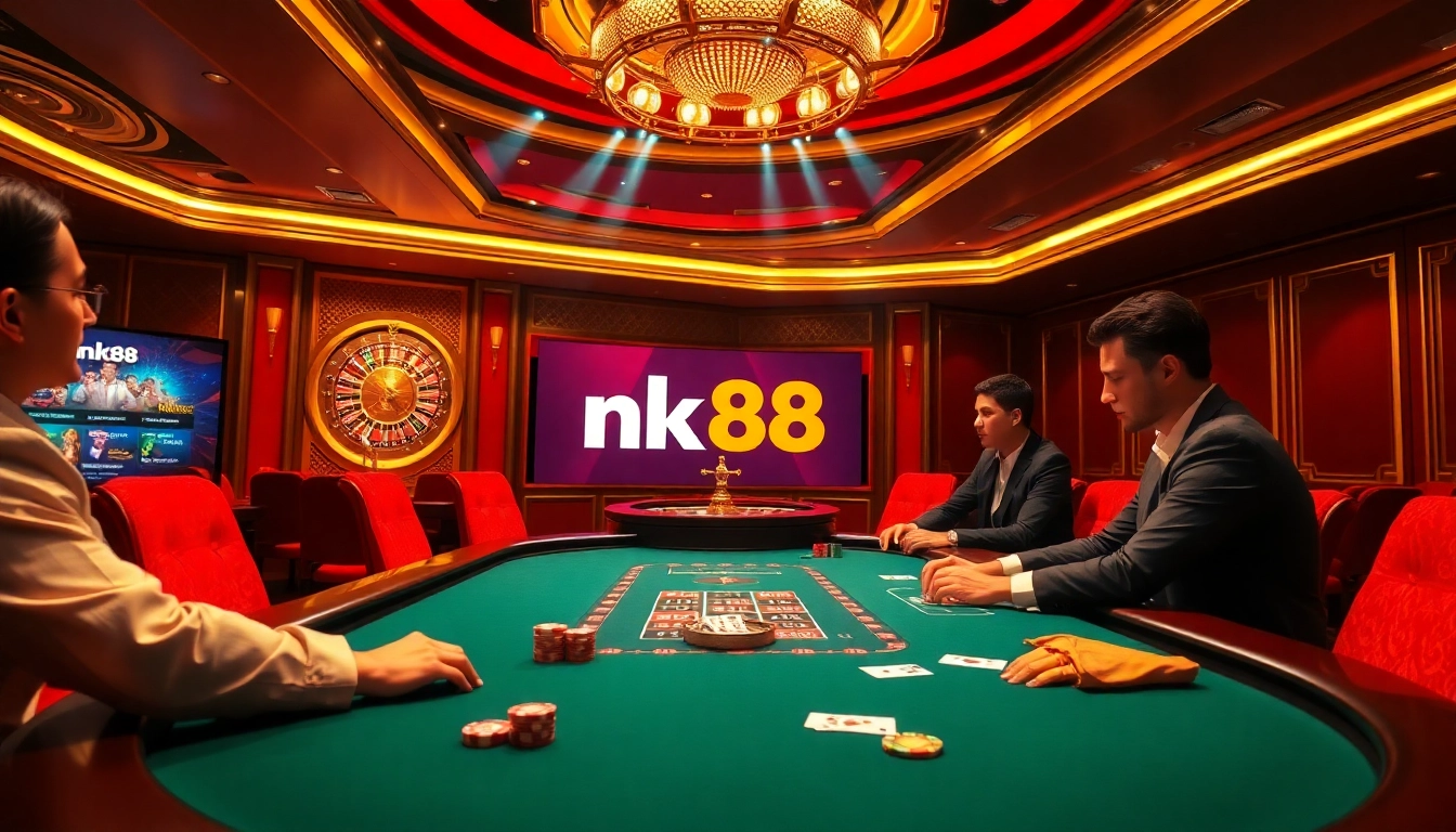 Experience thrilling poker action at nk88 in a luxurious casino setting with vibrant decor and professional gameplay.