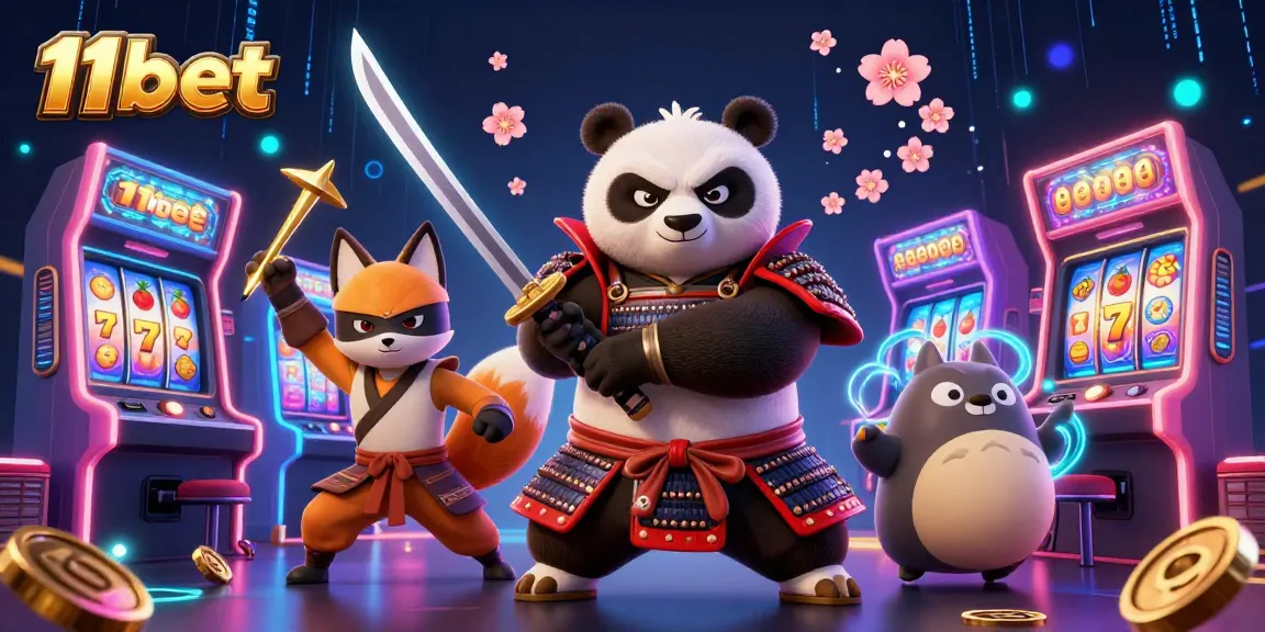 Engage with 11 bet as a samurai panda and ninja fox explore vibrant casino scenes.
