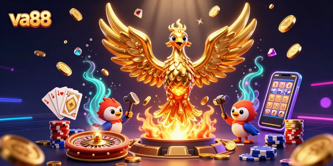 va88 embodies winning strategies in a vibrant 3D casino scene with golden elements.