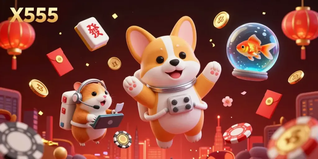 Experience X555 in a dynamic casino scene with an astronaut corgi and vibrant rewards falling all around.