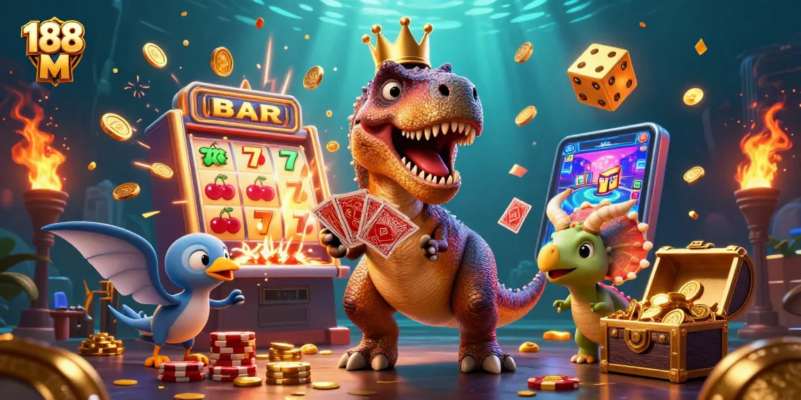 Experience thrilling slots action at 188 M with T-Rex and friends in a vibrant casino atmosphere.