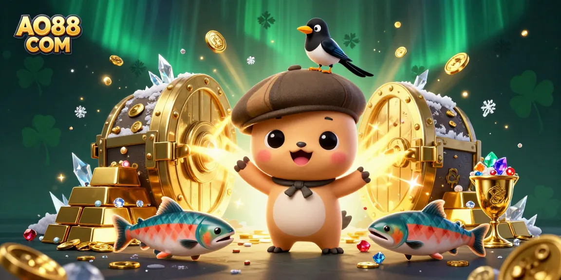 Experience exciting wins at AO88 COM with the playful characters amidst gold coins in a dynamic casino setting.