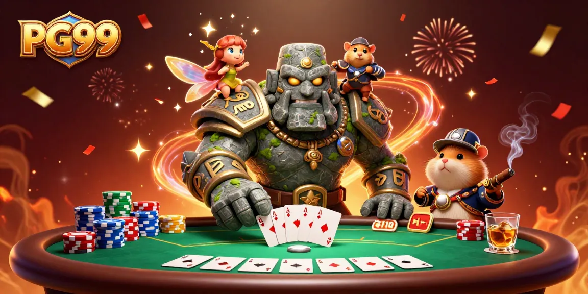 Experience thrilling gaming at PG99 with a magical scene of a golem and hamster knight.