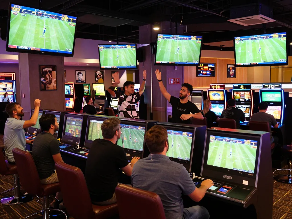 Engaged bettors track ผลบอลวันนี้ with excitement in a vibrant sports betting hub during live matches