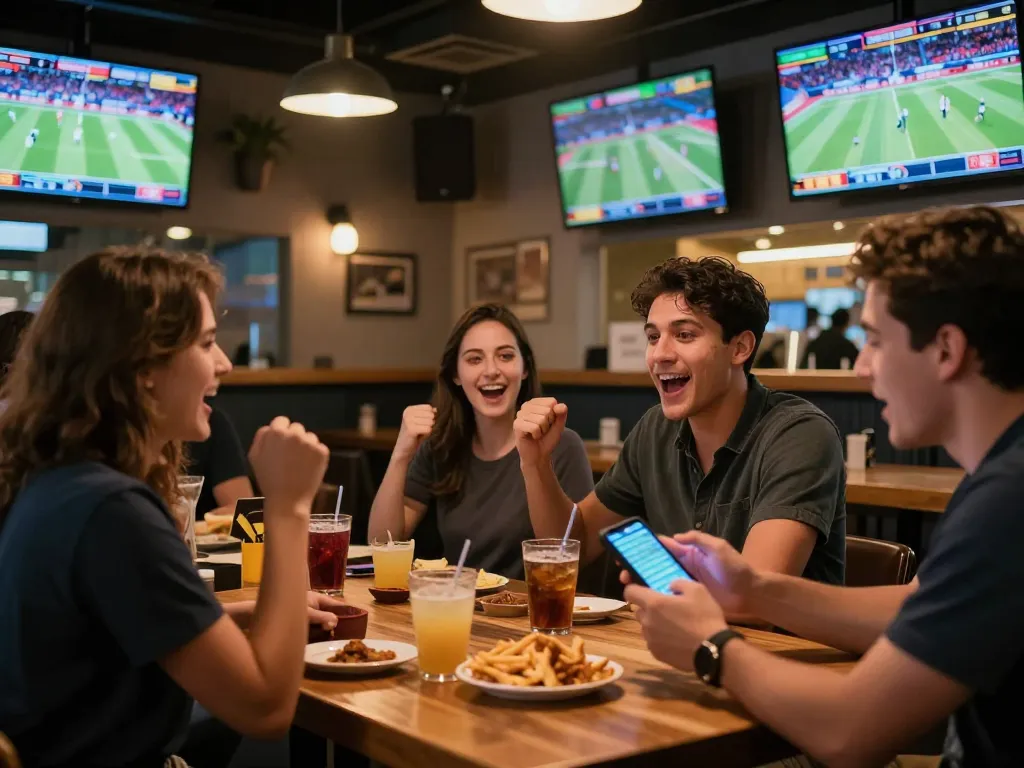 Engaging moment as bettors use 7m betting app while cheering in a lively sports bar.