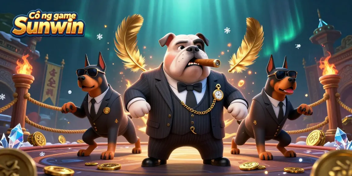 Cổng game Sunwin showcases a 3D cartoon mafia boss bulldog and bodyguards amidst vibrant casino elements, promoting a thrilling gaming experience.