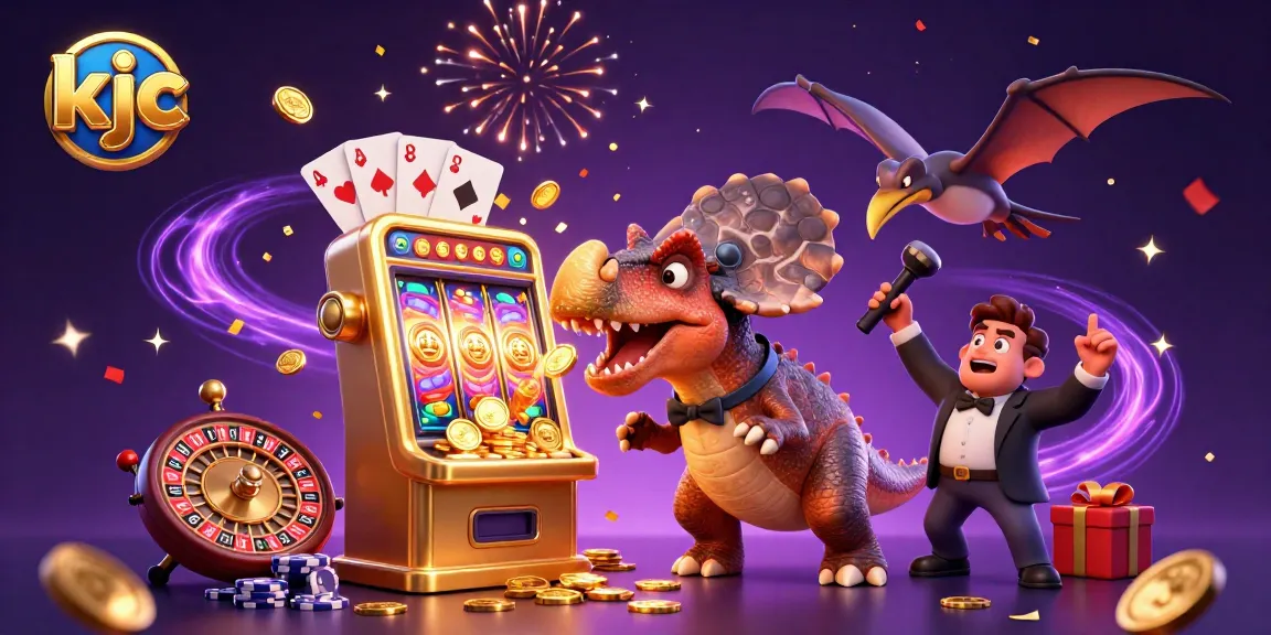 KJC engages players with a cartoon scene of dinosaurs in a casino, showcasing excitement and winnings.