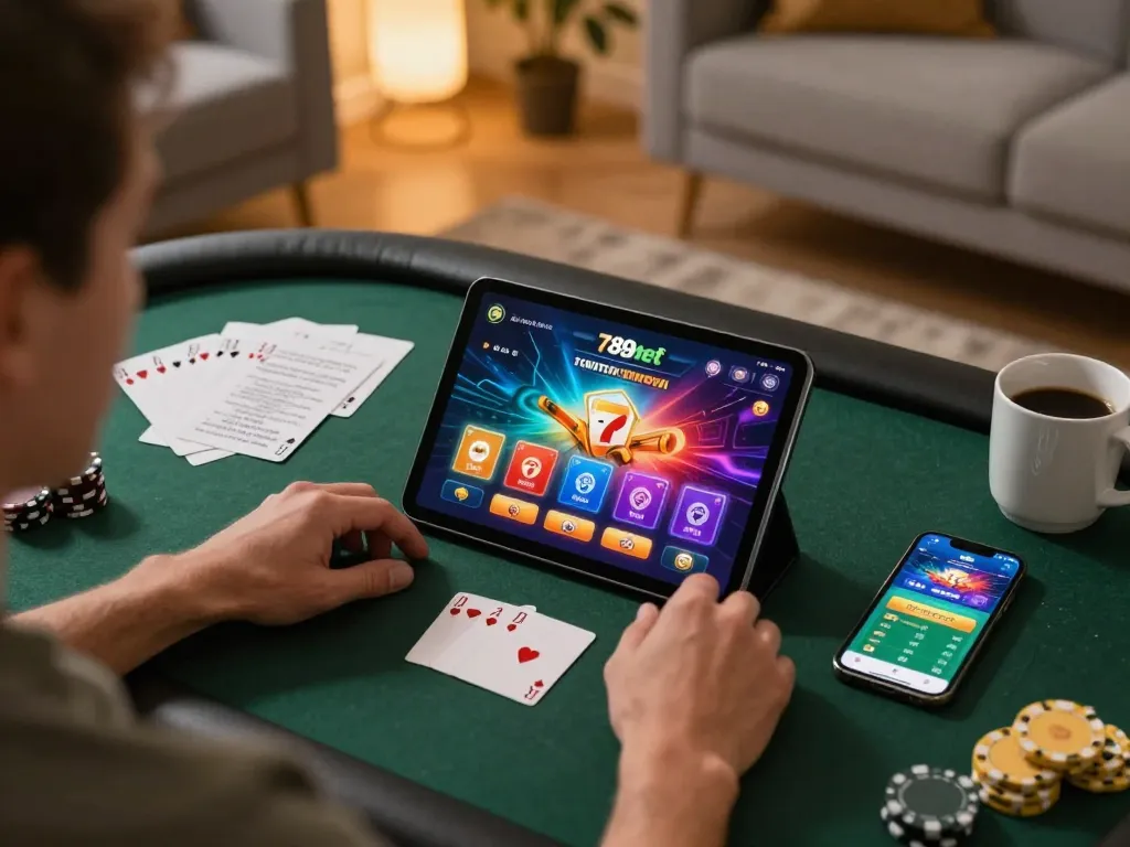 Experience exciting poker gameplay on 789bet via tablet at home using strategic notes and smartphone.