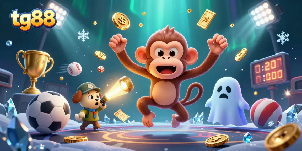 Engage with tg88's vibrant casino experience featuring golden coins, sports elements, and playful characters.