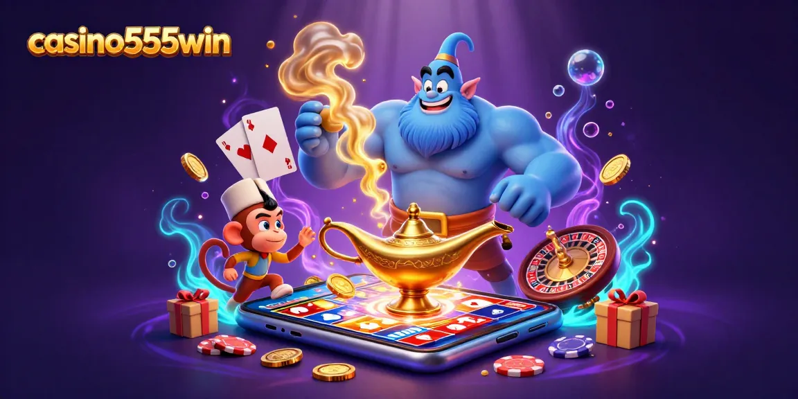 Experience the thrill of casino555win with a dazzling scene of a genie, monkey, and magical elements.