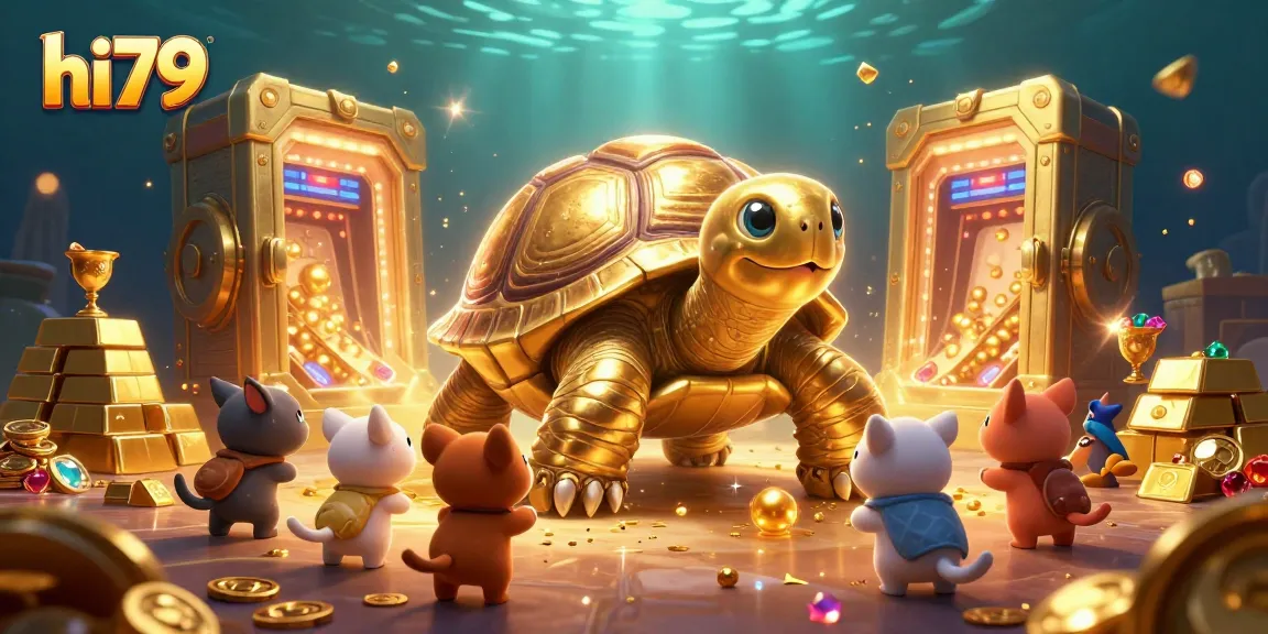 Engage with the hi79 pinball slot adventure featuring a colossal turtle, gold treasures, and vibrant gems.