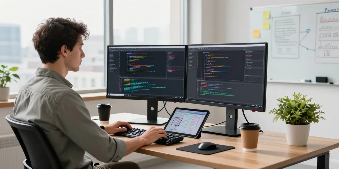 Dynamic tech workspace with a developer coding on dual monitors, capturing the essence of software efficiency with 123b at the forefront.