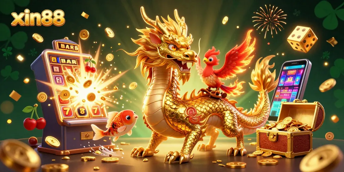 Win big at xin88 with an exciting 3D casino scene featuring a dragon, phoenix, and koi fish amidst a wealth of coins and gaming symbols.