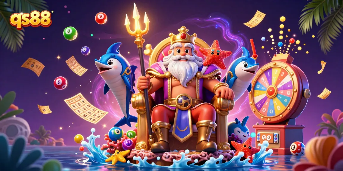 Experience the excitement of qs88 with Neptune and slot games in a vibrant, dynamic 3D illustration.