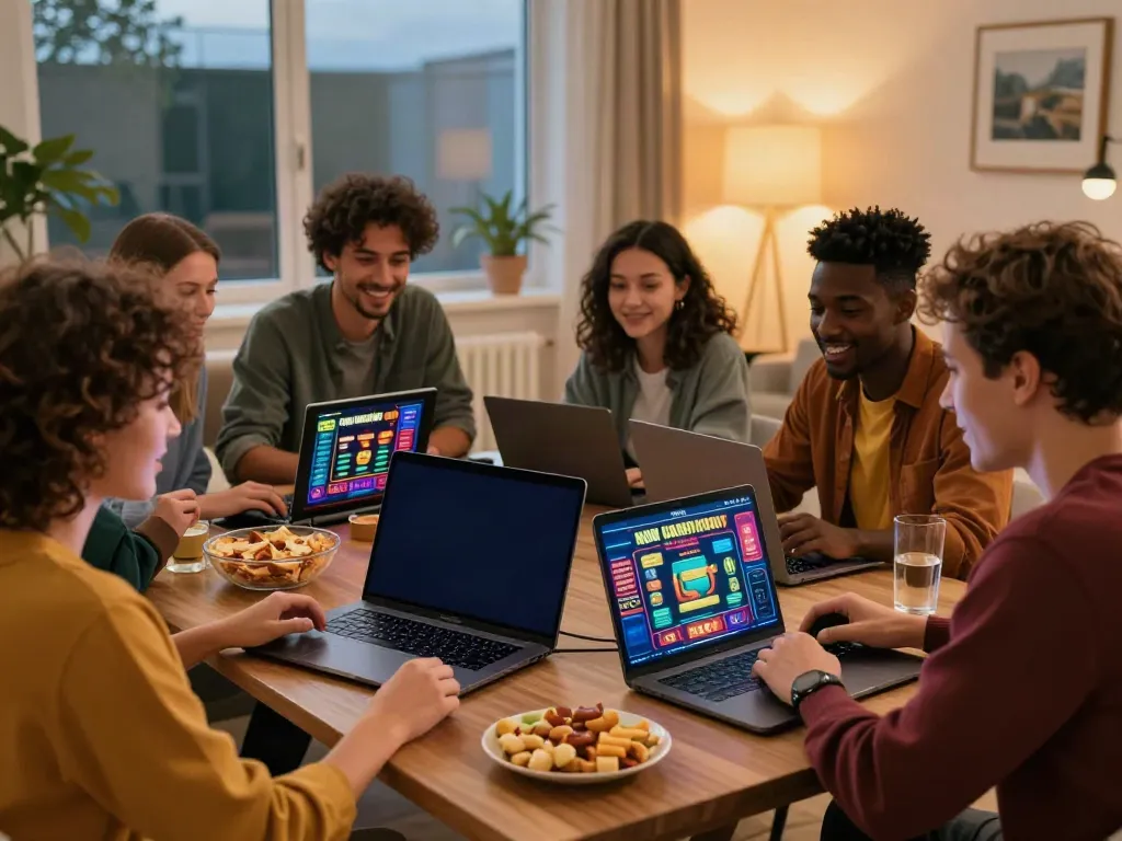 A group of friends playing non Gamstop UK casino games on a laptop in a cozy living room, enjoying an exciting gaming night.