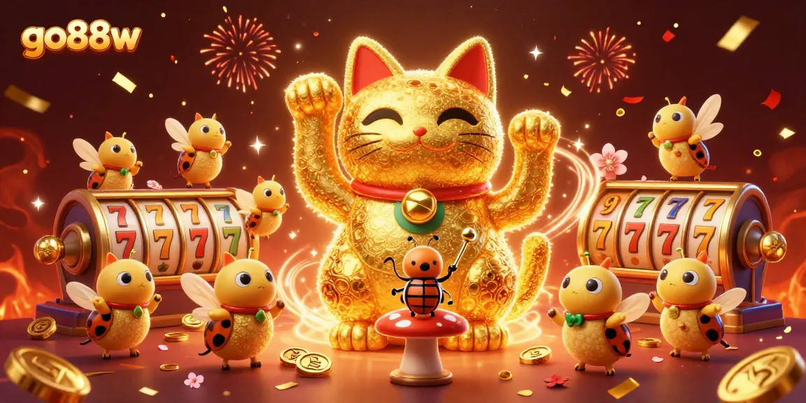 Experience the vibrant go88w casino world with a lucky cat and animated casino elements.